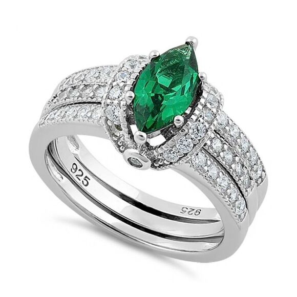 Sterling Silver Marquise Emerald Set Ring New - Picture 1 of 4